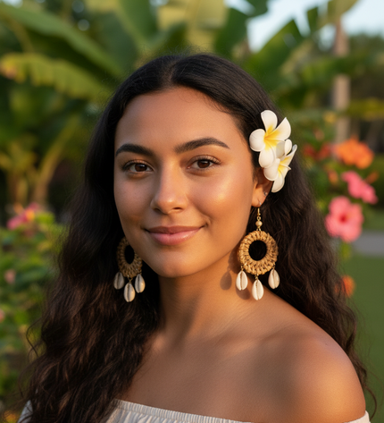 Coastal Rattan & Cowrie Shell Hoop Earrings