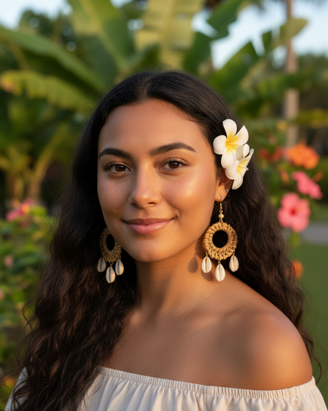 Coastal Rattan & Cowrie Shell Hoop Earrings