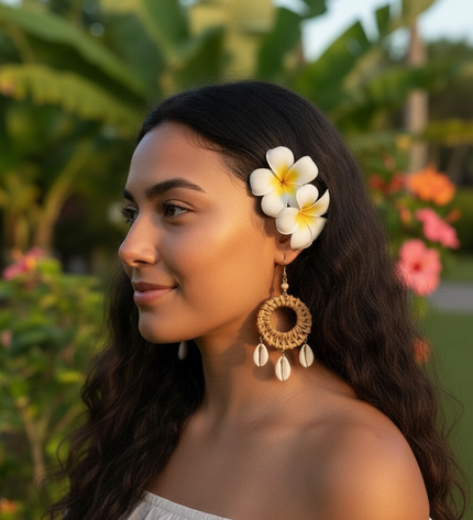 Coastal Rattan & Cowrie Shell Hoop Earrings