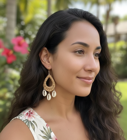 Island Rattan & Cowrie Drop Earrings
