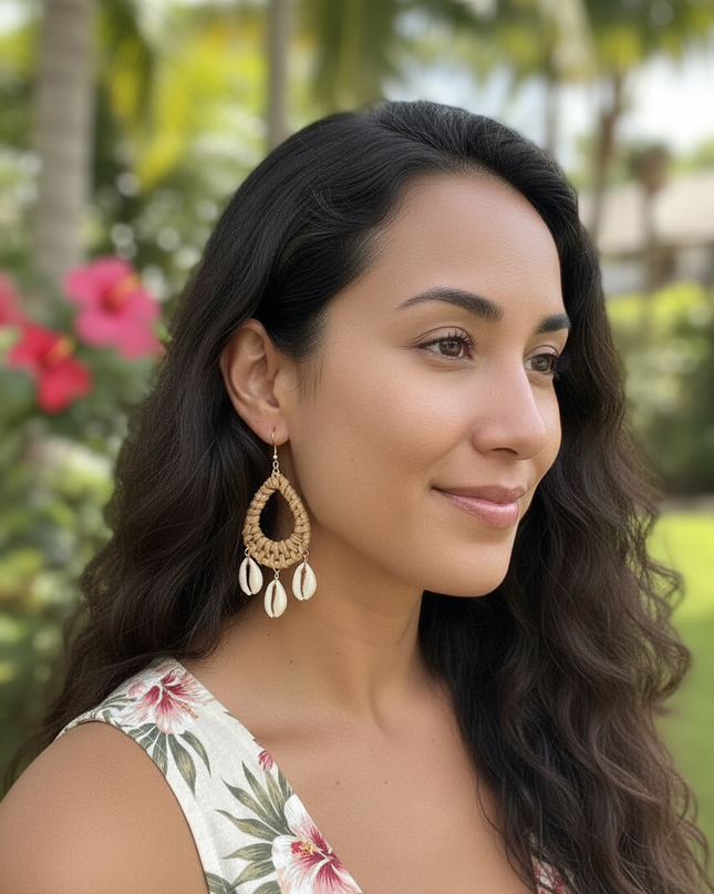 Island Rattan & Cowrie Drop Earrings