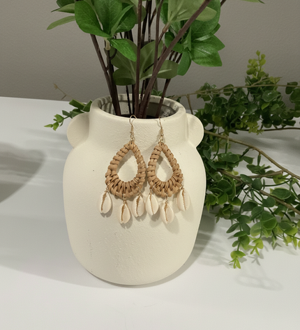 Island Rattan & Cowrie Drop Earrings