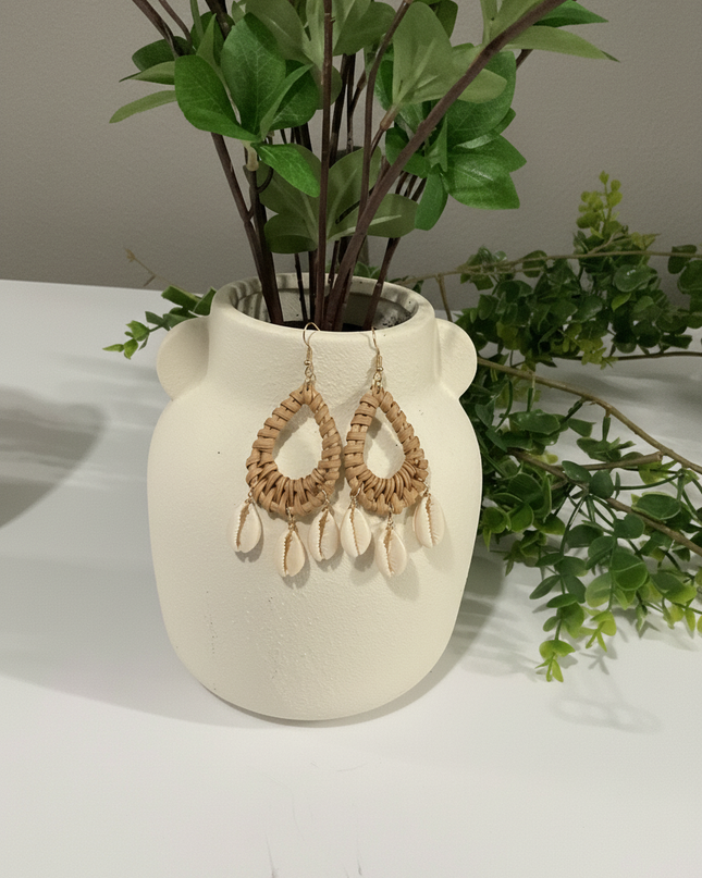 Island Rattan & Cowrie Drop Earrings
