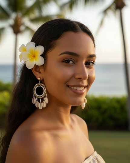 Island Pearl & Cowrie Chandelier Hoop Earrings