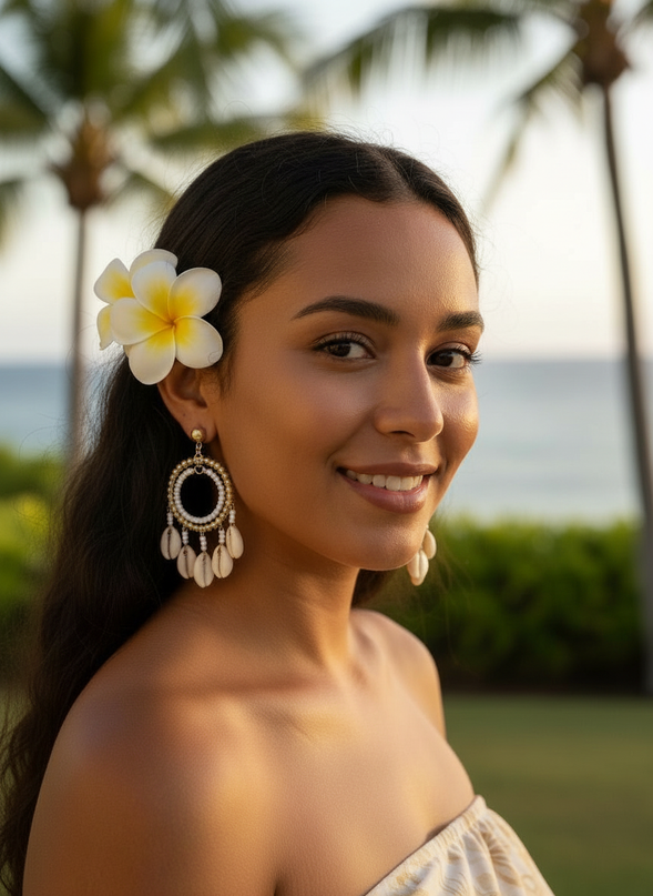 Island Pearl & Cowrie Chandelier Hoop Earrings