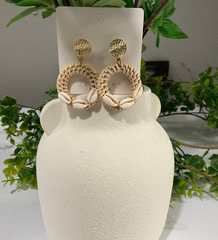 Coastal Rattan & Cowrie Circle Drop Earrings