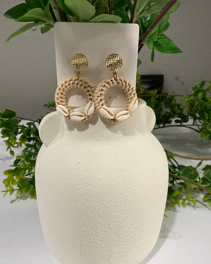 Coastal Rattan & Cowrie Circle Drop Earrings