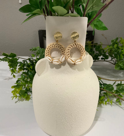 Coastal Rattan & Cowrie Circle Drop Earrings