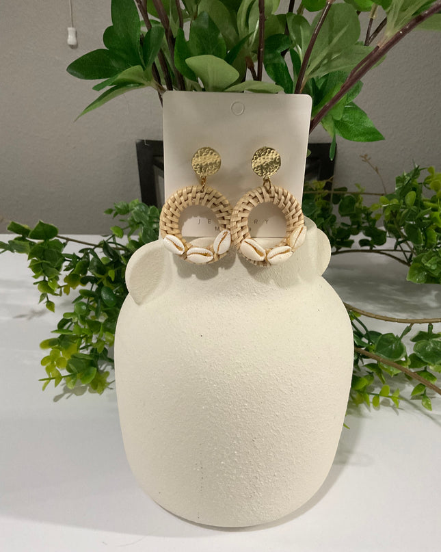 Coastal Rattan & Cowrie Circle Drop Earrings