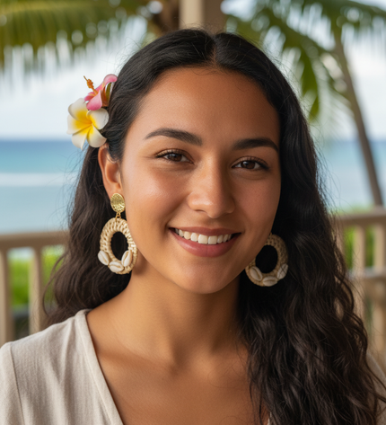 Coastal Rattan & Cowrie Circle Drop Earrings