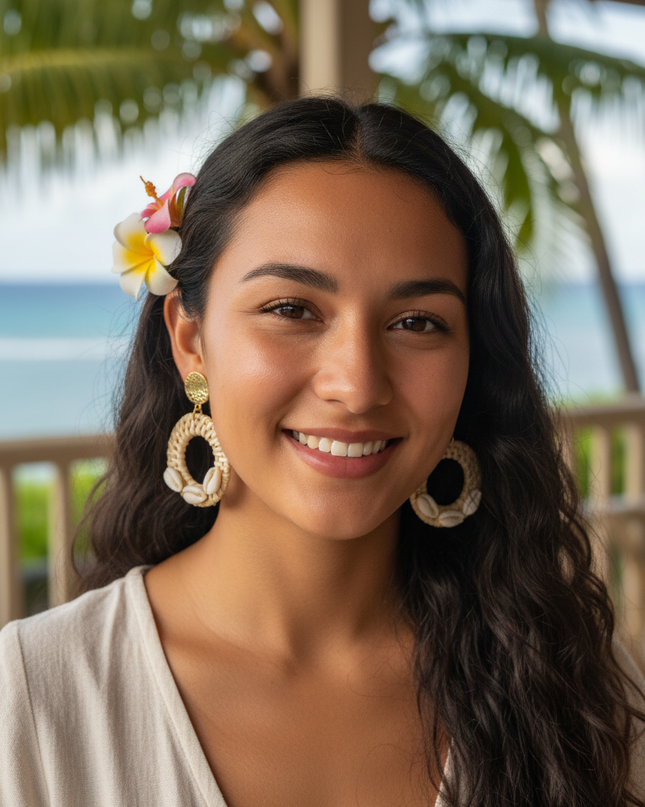 Coastal Rattan & Cowrie Circle Drop Earrings
