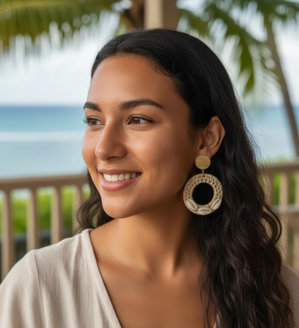 Coastal Rattan & Cowrie Circle Drop Earrings