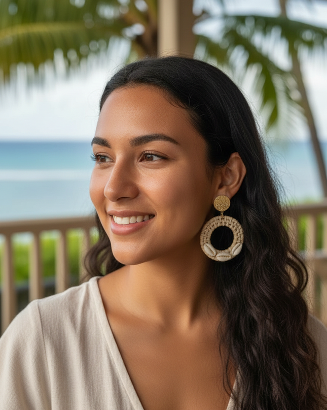 Coastal Rattan & Cowrie Circle Drop Earrings