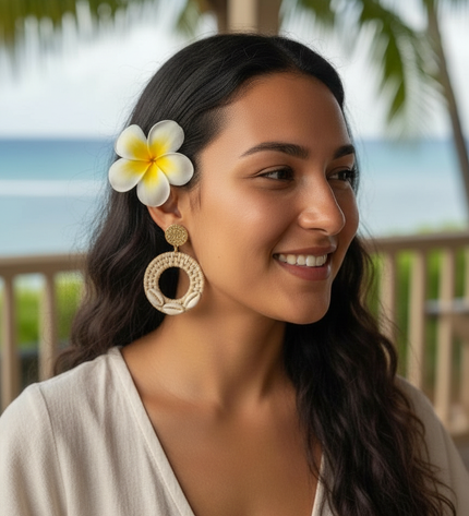 Coastal Rattan & Cowrie Circle Drop Earrings