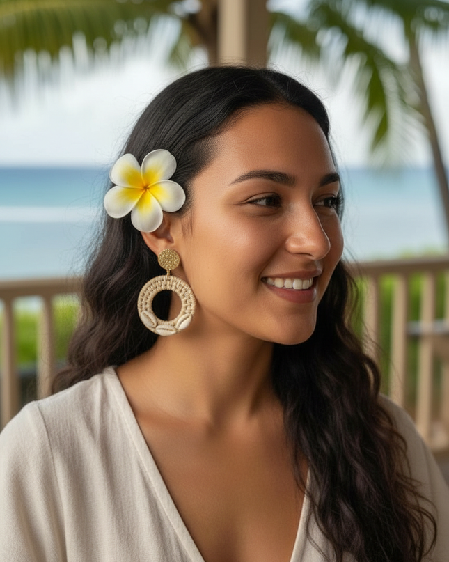 Coastal Rattan & Cowrie Circle Drop Earrings