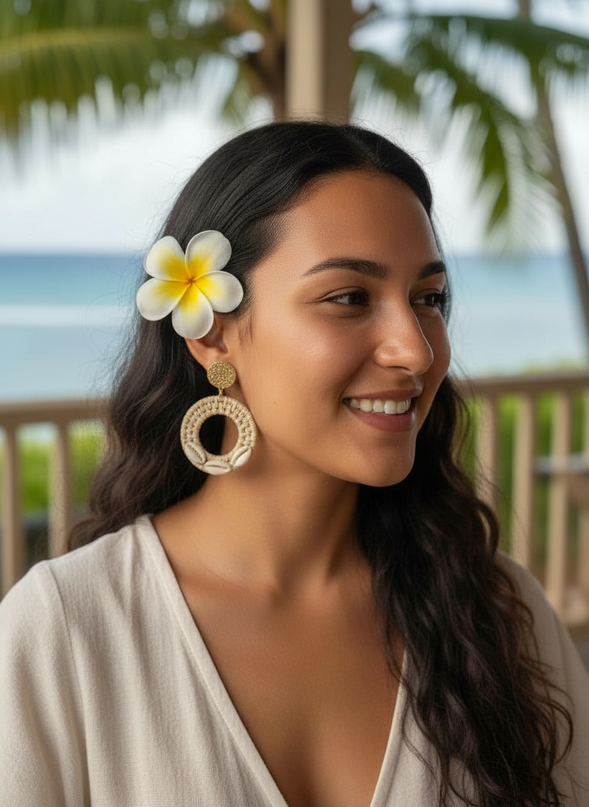 Coastal Rattan & Cowrie Circle Drop Earrings
