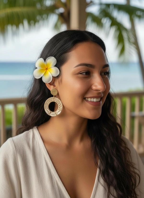 Coastal Rattan & Cowrie Circle Drop Earrings