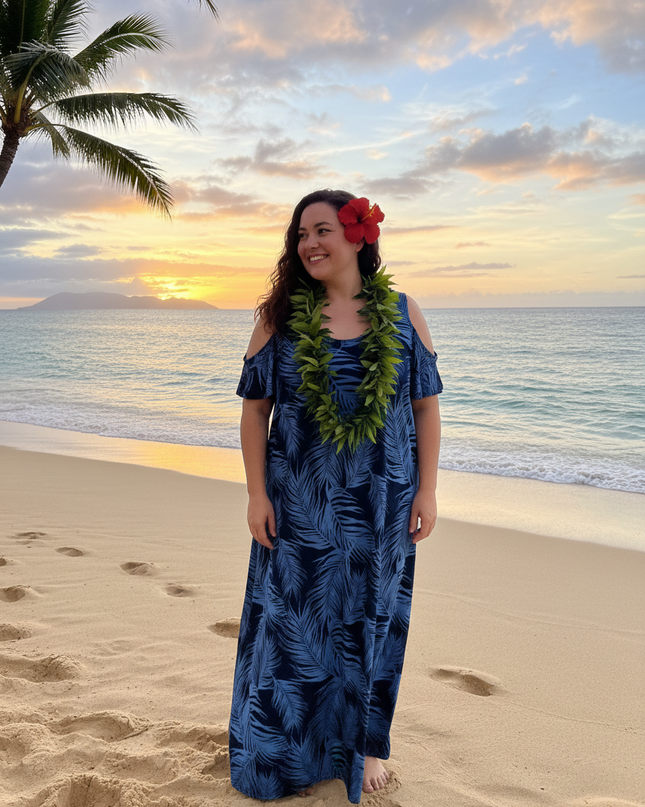 Fern Print Leaf Cold-Shoulder Maxi Dress