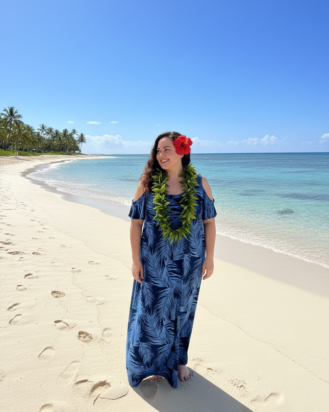 Fern Print Leaf Cold-Shoulder Maxi Dress