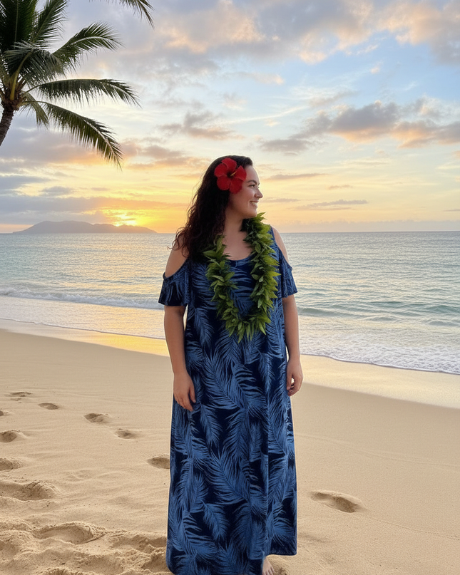 Fern Print Leaf Cold-Shoulder Maxi Dress