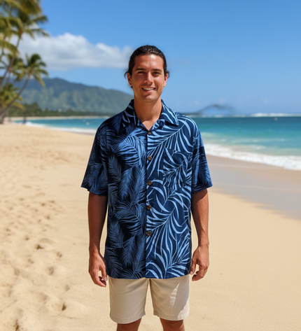 Men's Fern Print Leaf Rayon Shirt - Short Sleeve Button-Up