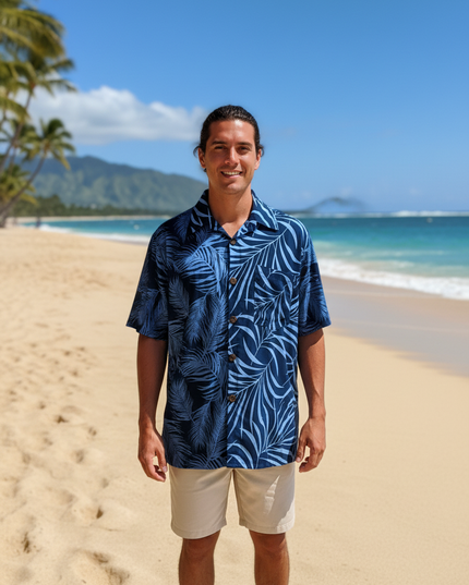 Men's Fern Print Leaf Rayon Shirt - Short Sleeve Button-Up