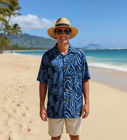 Men's Fern Print Leaf Rayon Shirt - Short Sleeve Button-Up