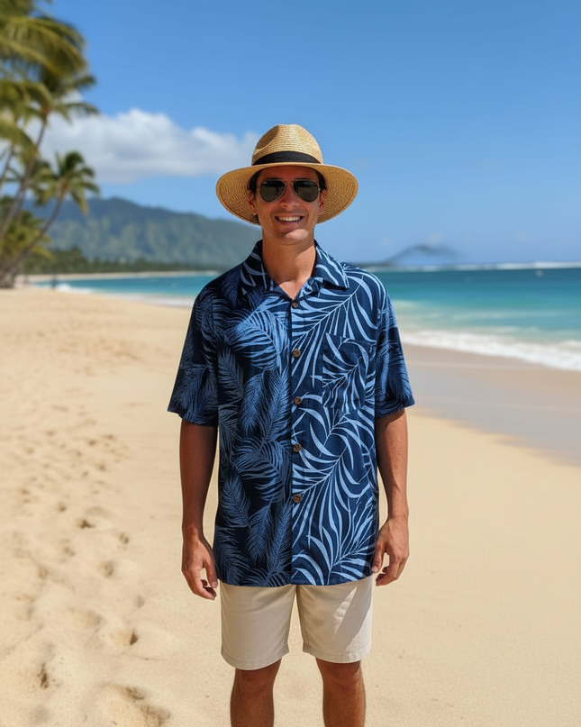 Men's Fern Print Leaf Rayon Shirt - Short Sleeve Button-Up