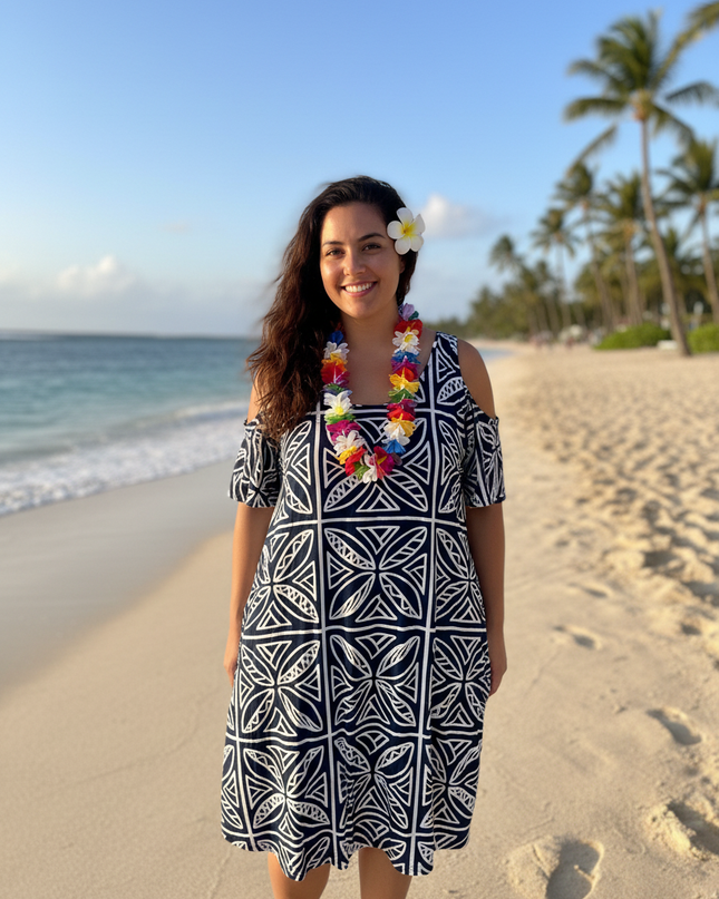 Island Geo Cold-Shoulder Short Dress - Rayon