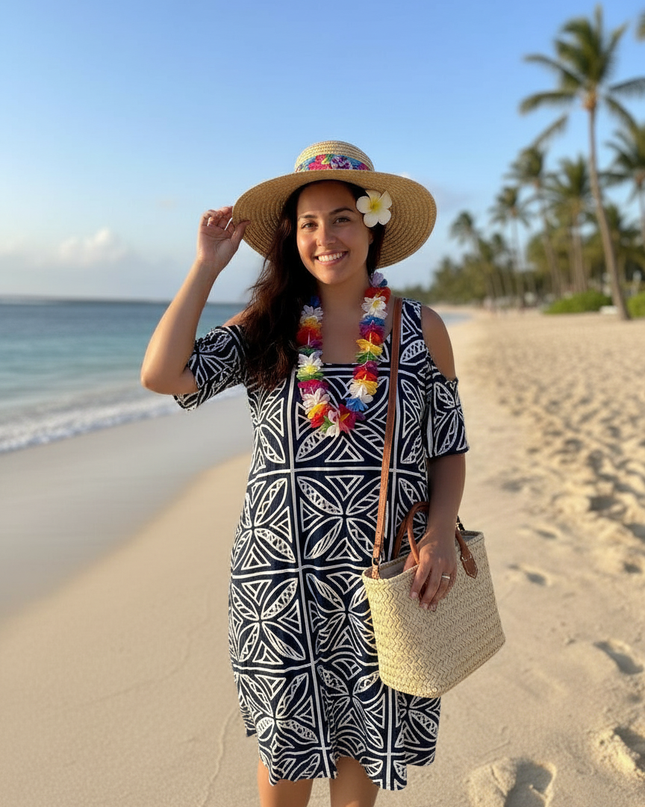 Island Geo Cold-Shoulder Short Dress - Rayon