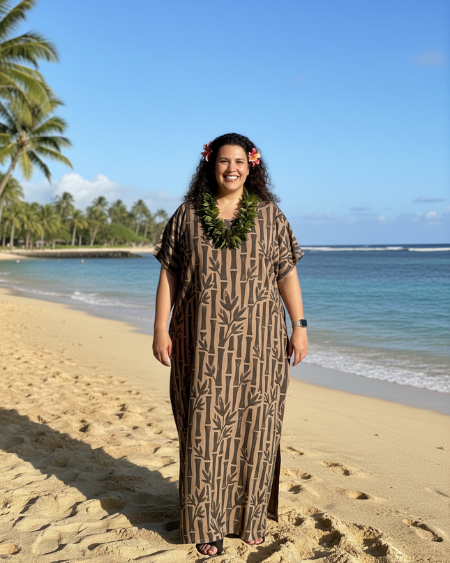 Round neck bamboo print long dress