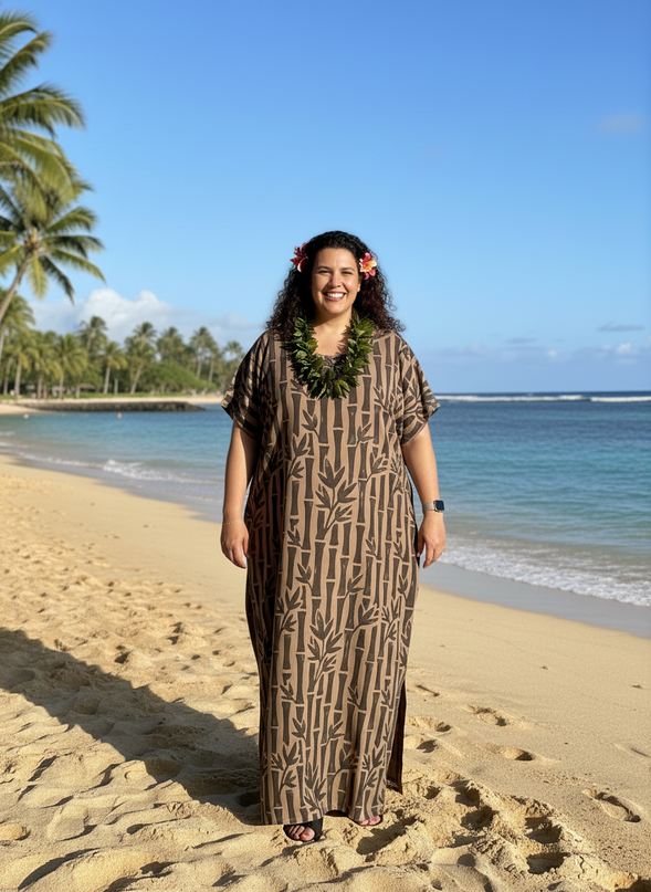 Round neck bamboo print long dress