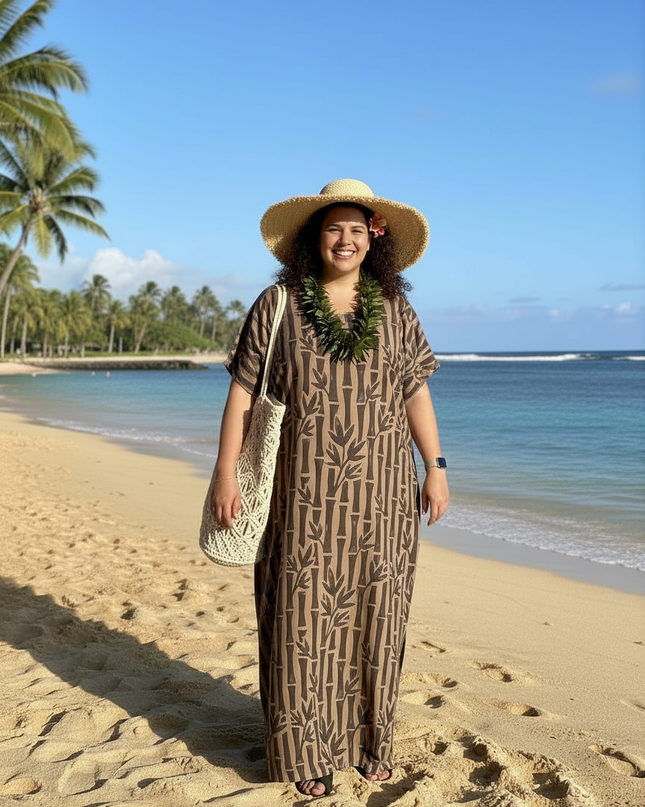 Round neck bamboo print long dress