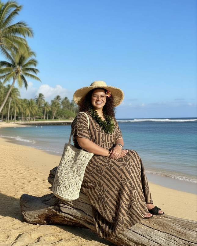 Round neck bamboo print long dress