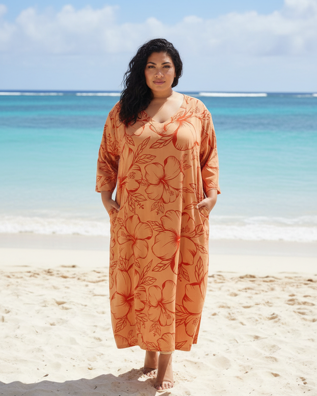 Hibiscus Flow Maxi Dress-Orange/Red