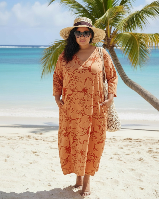 Hibiscus Flow Maxi Dress-Orange/Red