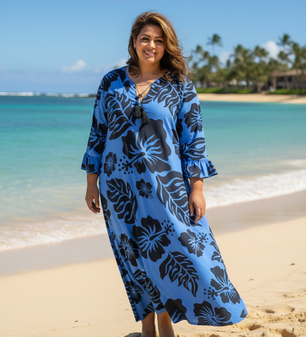 Blue Hibiscus Long Rayon Dress