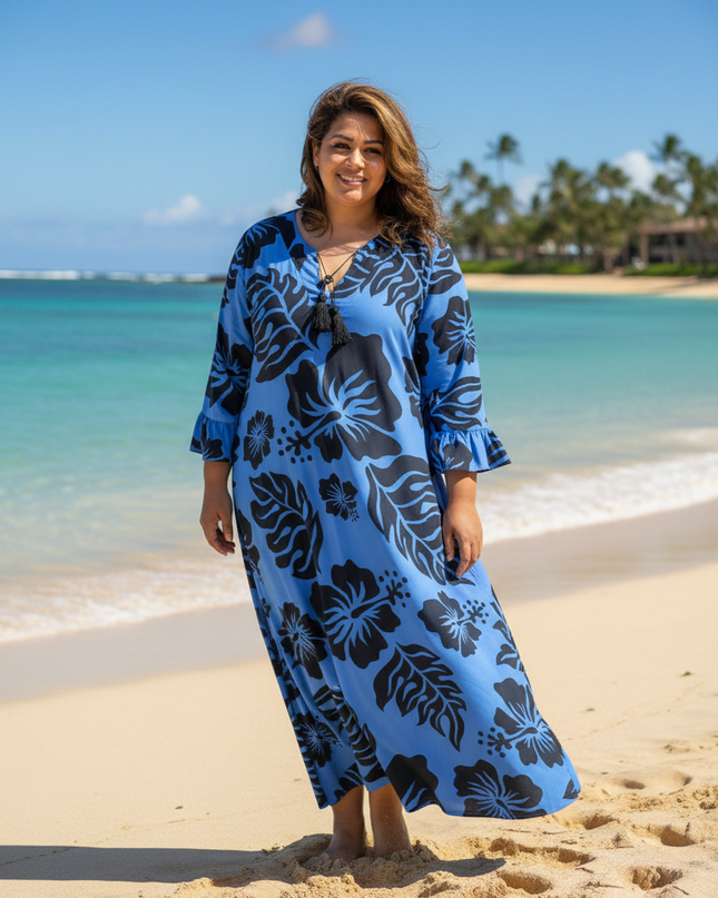 Blue Hibiscus Long Rayon Dress