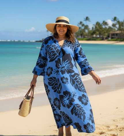Blue Hibiscus Long Rayon Dress