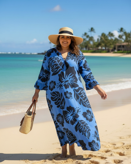 Blue Hibiscus Long Rayon Dress