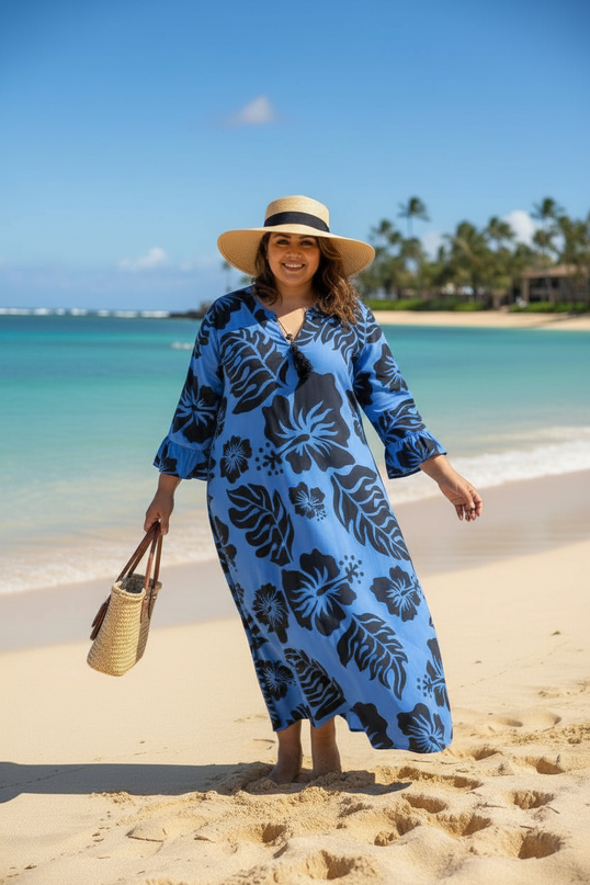 Blue Hibiscus Long Rayon Dress