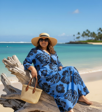 Blue Hibiscus Long Rayon Dress