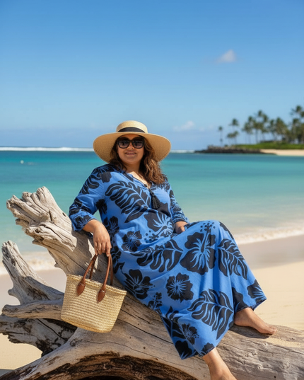 Blue Hibiscus Long Rayon Dress