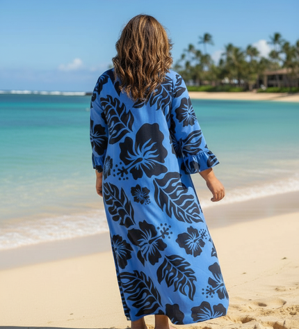 Blue Hibiscus Long Rayon Dress