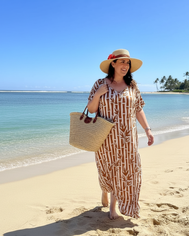 Round neck bamboo print long dress