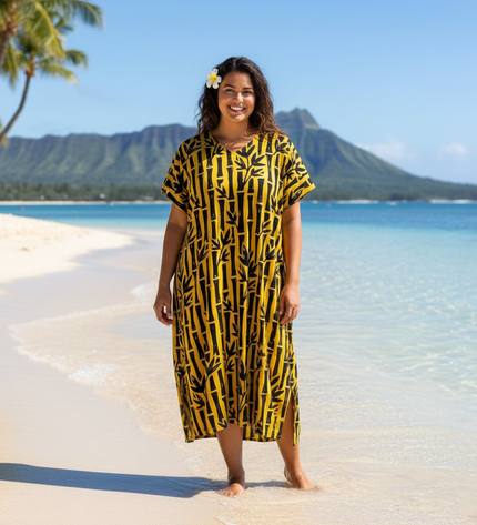 Round neck bamboo print long dress