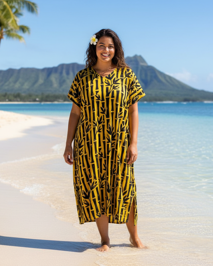 Round neck bamboo print long dress