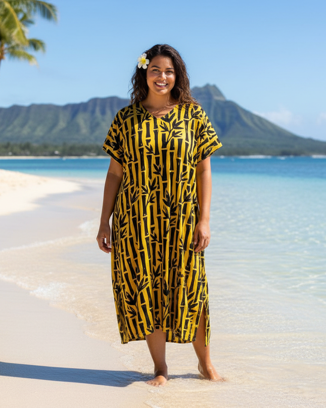 Round neck bamboo print long dress