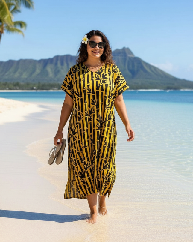 Round neck bamboo print long dress