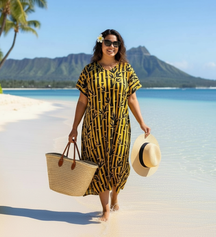 Round neck bamboo print long dress